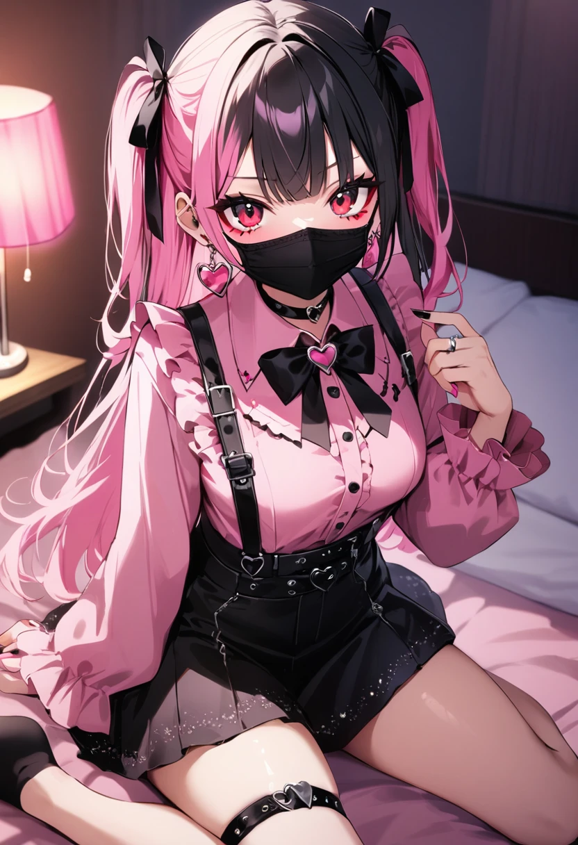 score_9, score_8_up, score_7_up, source_anime, 8k, masterpiece, best quality, ultra-detailed, an extremely delicate and beautiful, official style, depth of field, highly detailed, very aesthetic, intricate, overall detail, perfect anatomy, looking at viewer, ((faint light:1.2)), sit, wariza, on bed, (hotel room, love hotel, pink wall, pink bed sheet), okamoto condoms, holding condom box, pink smartphone, BREAK 1girl, solo, (black hair, pink hair, two-tone hair, multicolored hair), long hair, two side up, black hair bow, red eyes, red eyeshadow under eye, pink cheek, jirai kei, yami_kawaii, (cross-laced clothes, pink shirt, long sleeves, frilled sleeves), frill, black bowtie, black skirt, black suspenders, black socks, heart brooch, heart earrings, ring, (multicolored nails, nail polish, pink nails, black nails), (mouth mask, black mouth mask), black belt, o-ring thigh strap, black choker, smirk