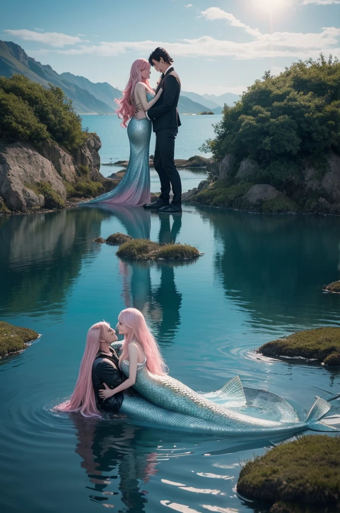A couple in a lake that connects to the sea The woman is a mermaid with long pink hair, her mermaid scales are light pink, she has fair skin and blue eyes,
man is a man with dark skin and black clothes, half a dragon with dragon wings and horns, black hair and white eyes. The atmosphere is light and romantic.