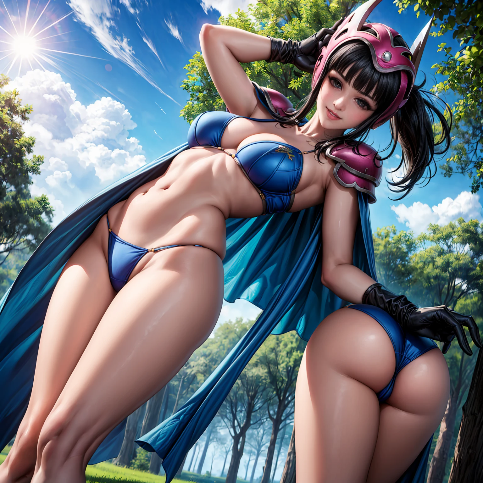 chi chi, ((long black hair, blunt bangs, sidelocks, ponytail, glowing black eyes, makeup, narrow waist, skinny, medium breasts, helmet)), pelvic curtain, ((armor, dark blue bikini armor, cape, collarbone, gloves, helmet, navel, shoulder armor)), full body, perfect body, (insanely detailed, beautiful detailed face, masterpiece, best quality) , (((solo))), (((1girl))), (((mature))), (extremely detailed 8k paper CG wall unit: 1.1), (nature, forest, cloud, sky, sun), (smile face for the viewer), underbutt, from behind, from back