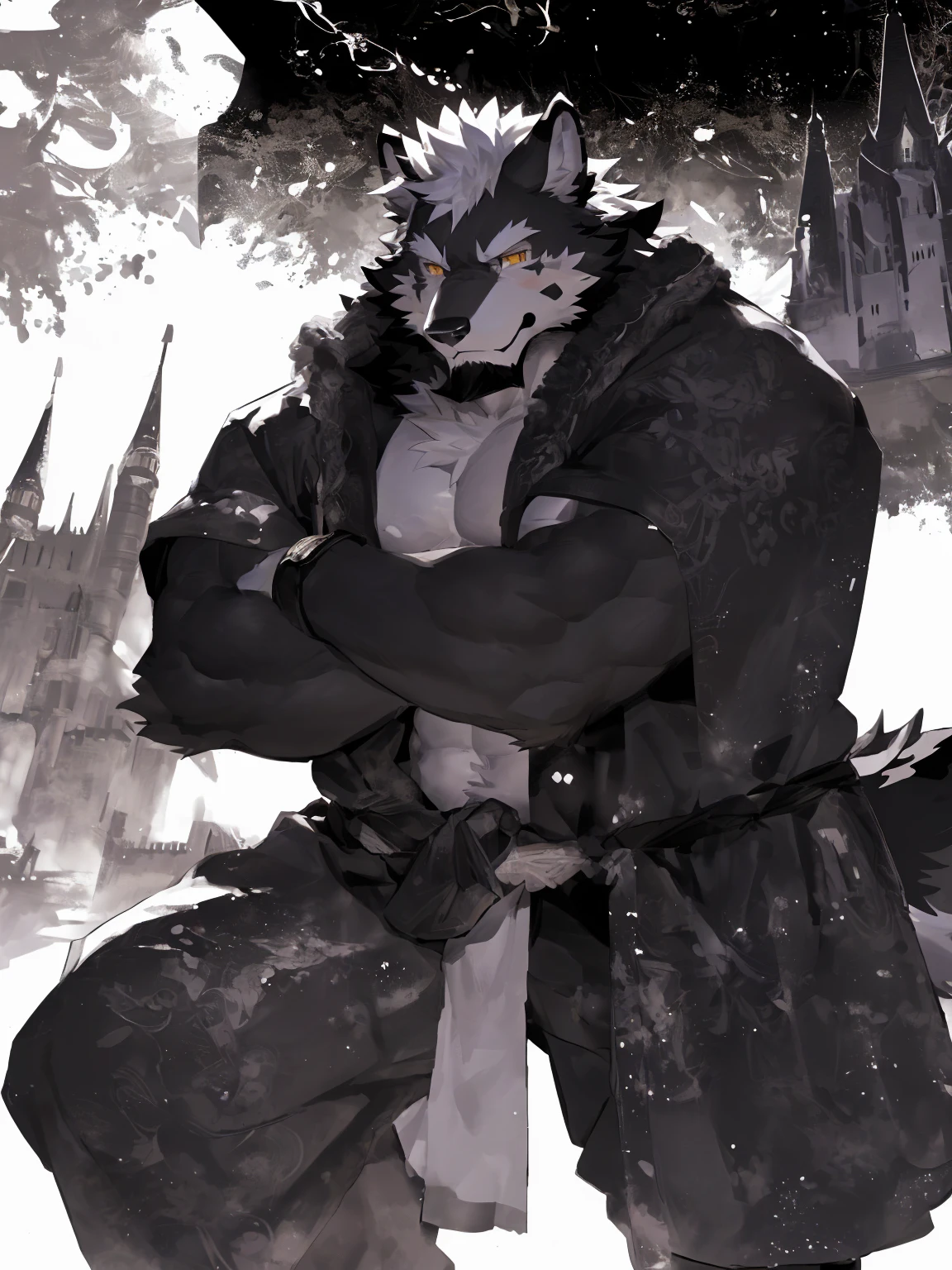 (dark skin的Wolf),(Black and white yin and yang General battle robe),(Holding a long sword),Strong stance,Half squat,(背景是一个黑雾缭绕的Castle:1.2),(abdominal muscles),Sly laughter,A perfect masterpiece,Various facial details,Perspective from a distance,specific description,masterpiece,CG,(Golden Eyes),Black and white pattern,Black Tail,General,Heroic Stance,Wolf,Black fur,Specific facial details,Half Body,(Chang Ling),((middle aged)),(Face Focus),(16K),HD,Black belly,Castle,(Facial lines),Different students,(No shirt),(Black and white hair),(Strong),(muscle),(high resolution:1.3),(站在黑暗Castle里),(close up),(Delicate face:1.5),Perfect details,(Half Body),(Facial details:1.5),(Zoom in on the face:1.5),(white Facial lines:1.2),(black beard:1.3),(white face;1.6),Gray body,(dark skin),(Dark cheeks:1.3),Strike a pose:1.3,