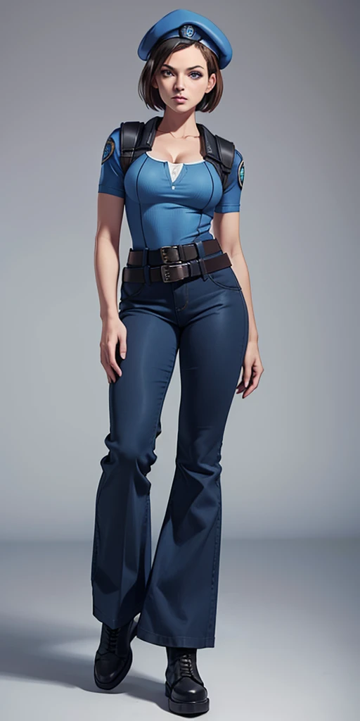 Jill Valentine, masterpiece, best quality, 1girl, solo, standing, jillre1, beret, uniform, shoulder pads, short sleeves, harness, belt, bell-bottom blue pants(Wide flares on pants:1.2), cleavage, black combat boots, full body, perfect blue eyes, perfect red mouth,