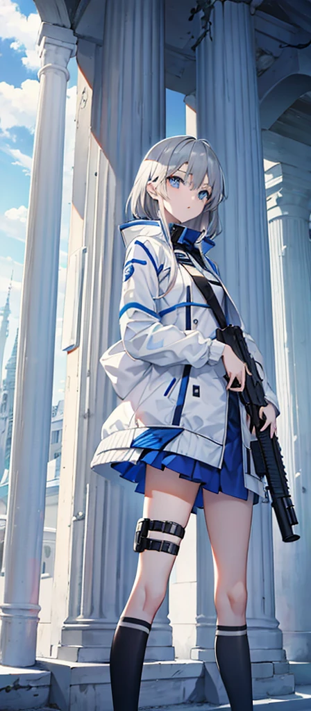 Girl,Gray Hair,Blue Eyes。Carrying two long columns,White jacket on upper body,Blue miniskirt,Technology,flat chest,Holding a gun,Airplane anthropomorphism。