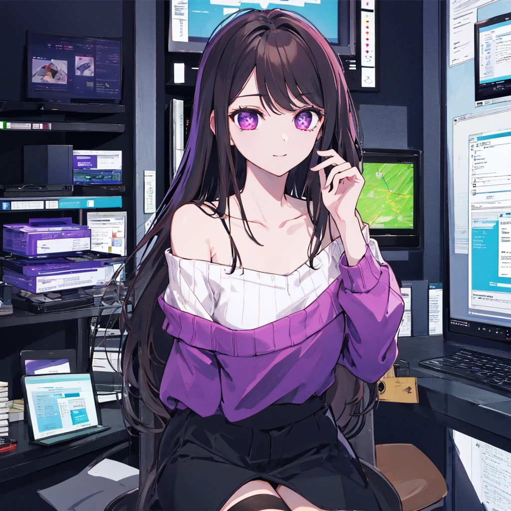 ((Best quality)), ((masterpiece)), (detailed), attractive girl, monitor in place of the head, cursor on screen, long off-shoulder sweater, slender legs, Violet eyes, brunette You are as beautiful as my Pentium,
You're slim like Big Tower,
Как Corel Draw неотразима,
How stacked your chest is full.
Kak multimedia ty slavna,
Proud as a company IBM,
How a CD-ROM is always welcome,
As beautiful as my modem.
Your eyes are like two cursors blinking on your face.
I swear to you by the monitor - I need you as COMMAND.COM