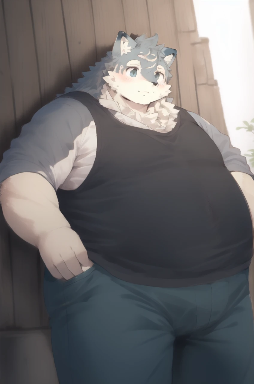 personaje de anime con una gran barriga y una gran barriga parada frente a una pared de ladrillos, un retrato de personaje inspirado en Fujishima Takeji, pixiv, arte peludo, grueso, pecho peludo, pecho esponjoso, anime peludo, cuerpo bacanal gordo y fuerte, pov arte peludo, fursona vistiendo ropa elegante, Personaje peludo, cuerpo robusto y fornido, Gran panza, lobo, lobo gris, e621, kemono