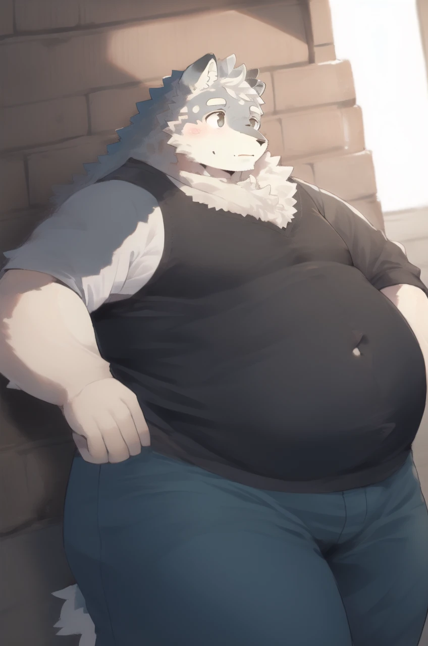 personaje de anime con una gran barriga y una gran barriga parada frente a una pared de ladrillos, un retrato de personaje inspirado en Fujishima Takeji, pixiv, arte peludo, grueso, pecho peludo, pecho esponjoso, anime peludo, cuerpo bacanal gordo y fuerte, pov arte peludo, fursona vistiendo ropa elegante, Personaje peludo, cuerpo robusto y fornido, Gran panza, lobo, lobo gris, e621, kemono