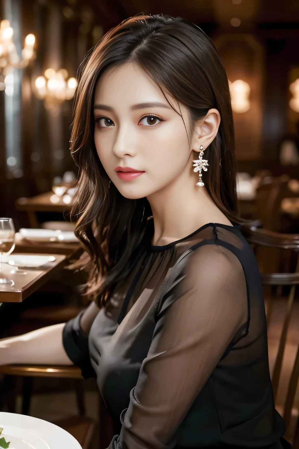 Masterpiece, Highest quality, Realistic, Very detailed, Finer details, High resolution, 8k wallpaper, One beautiful woman,Wear an elegant black see-through blouse, In a great restaurant, At night, Light brown messy hair, Perfect dynamic composition, Beautiful and beautiful eyes、Big earrings、Sit on a chair、