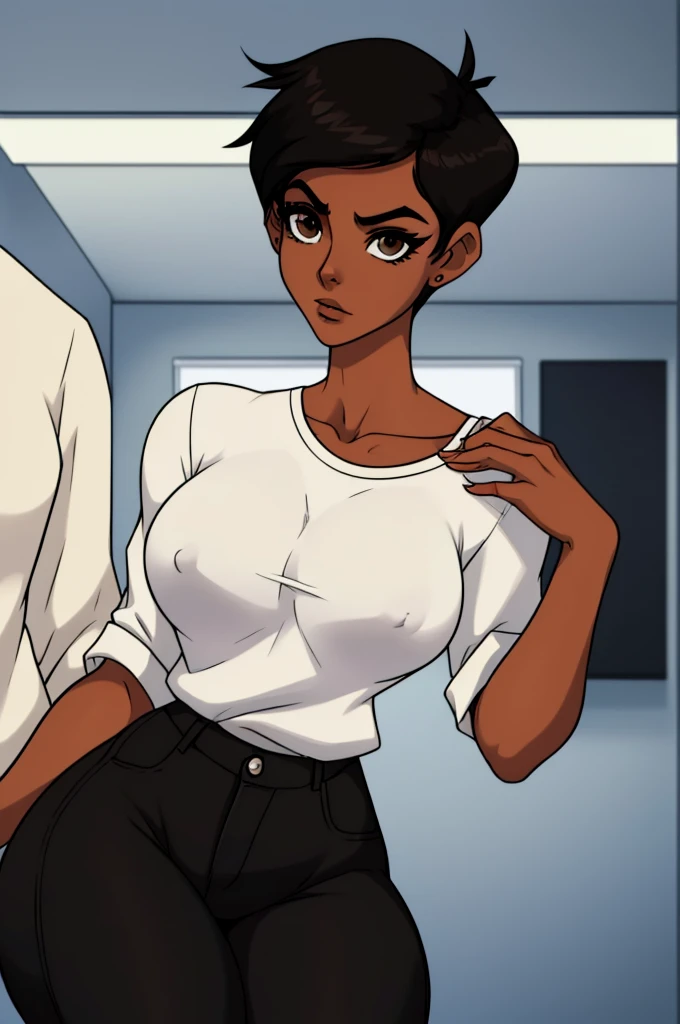 ((ultra quality)), ((masterpiece)), Lois Lane, ((black short hair tomboy hairstyle)), (Beautiful face), (beautiful female lips), (), charming, ((sexy facial expression)), (Dark skin color), (dark skin), glare on the body, ((detailed beautiful female eyes)), ((dark brown eyes)), (juicy female lips), (dark eyeliner), (beautiful female hands), ((ideal female figure)), ideal female body, beautiful waist, gorgeous thighs, beautiful medium breasts, ((subtle and beautiful)), sexy worth (), (White shirt, Black jeans) background: office, ((depth of field)), ((high quality clear image)), (clear details), ((high detail)), realistically, professional photo session
