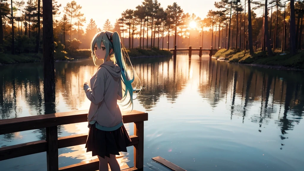 Hatsune Miku standing on a wooden bridge illuminated by the setting sun。She stared into the distance、I&#39;m reminiscing on fond memories。Surrounded by a quiet lake、Her hair is blowing in the wind。This scene is、It has a calm and emotive atmosphere that connects the past and the present.。