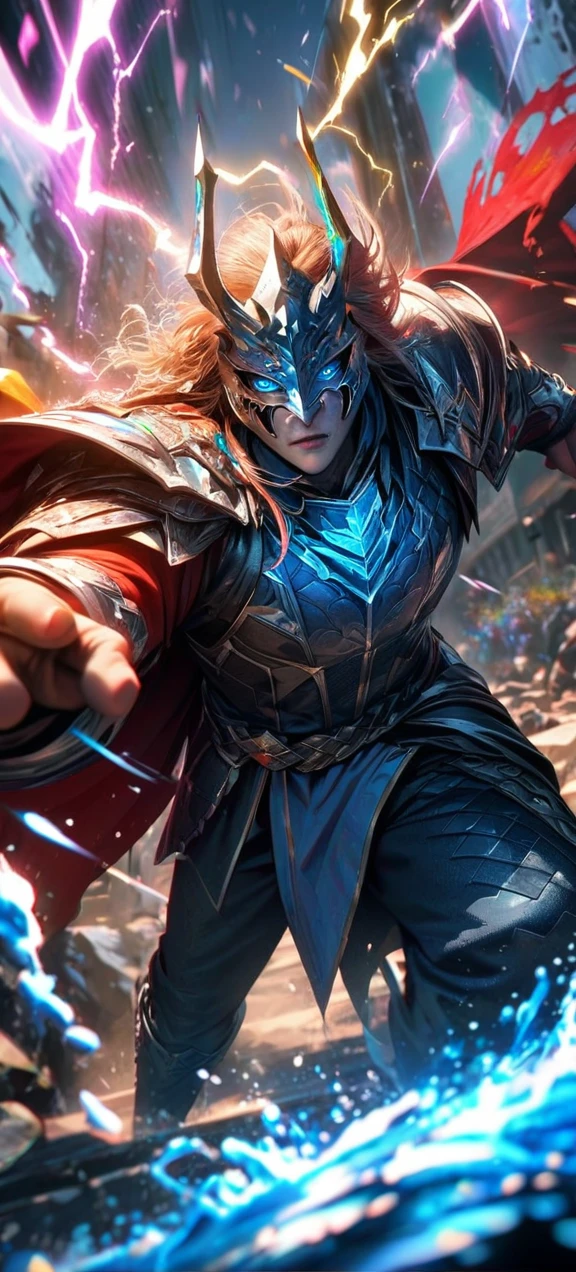  High quality, ultra realistic,absurdres, highres, ultra detailed, HDR, masterpiece, extremely detailed face and eyes,  dragon knight , solo, ,man, handsome, ,dragon knight mask , Epic fight scene, colorful splashing effect, colorful lightning  effect,glowing glitters , 