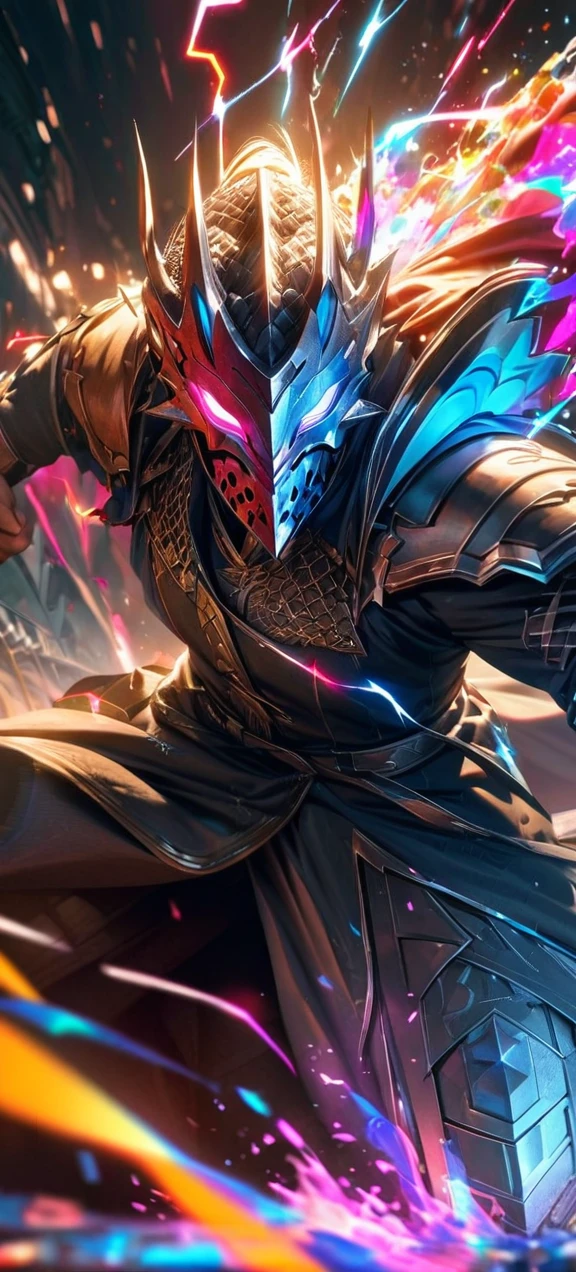 High quality, ultra realistic,absurdres, highres, ultra detailed, HDR, masterpiece, extremely detailed face and eyes, dragon knight , solo, ,man, handsome, ,dragon knight mask , Epic fight scene, colorful splashing effect, colorful lightning effect,glowing glitters ,