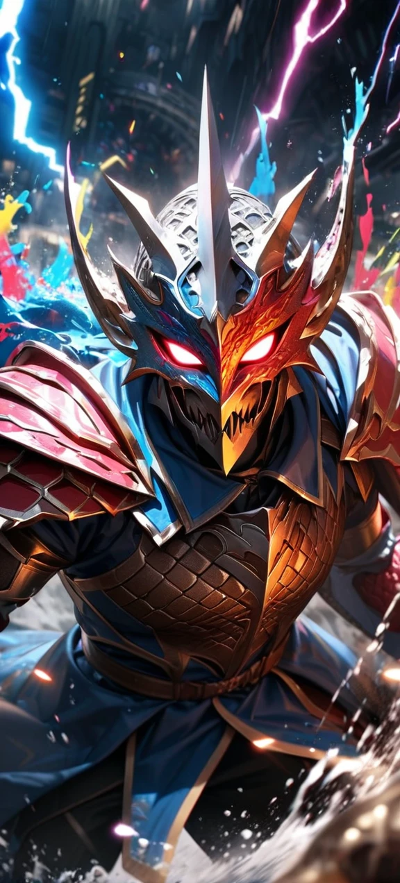 High quality, ultra realistic,absurdres, highres, ultra detailed, HDR, masterpiece, extremely detailed face and eyes, dragon knight , solo, ,man, handsome, ,dragon knight mask , Epic fight scene, colorful splashing effect, colorful lightning effect,glowing glitters ,