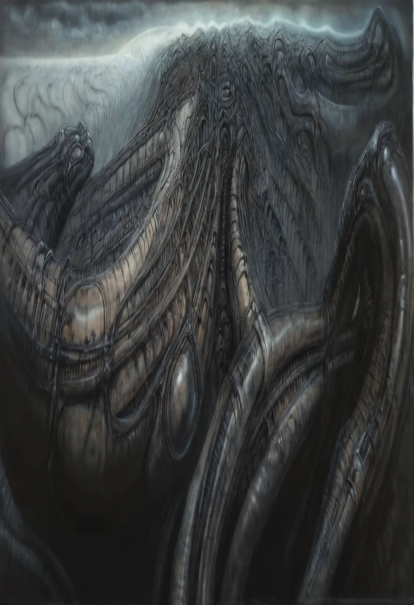 Create biomechanical tableau with some of the artistic techniques and compositional features used in /&quot;Necron IV/” by h r (Hans Rudie) giger:
 The image depicts a complex, sprawling city made of dark ivory, metal and wires. The city is densely packed with loops and twists, resembling a massive, intricate machine.
The painting is composed around a central focus of bone-like celestial formations and tectonic weathering structures with a phallic spine. This central form is the most detailed and brightly lit part of the painting, and it draws the viewer's eye in.The central focus is emphasized by the use of light and shadow. The light source is coming from the top left of the painting, and it casts a bright spotlight on the scene.
Biomorphic forms: The biomechanical forms in the painting are inspired by biological organisms, but they are also machine-like. These forms create a sense of unease and discomfort, as they blur the line between the natural and the artificial
. The image is highly detailed and intricate, uses, with transparent organs and bones exposed). The piece has a thick mechano-organic texture and is covered in fine details. The image has a swirling, organic quality to it. The artistic manner would be unmistakably Gigeresque. A dark and unsettling beauty would permeate the piece, blurring the lines between fascination and repulsion , forever haunted by the grotesque allure. Giger's signature artistic manner would be evident in every stroke. The airbrush would be wielded with masterful precision to create a hyperrealistic yet nightmarish aesthetic.,hrgiger,H.G. Giger Style, Biomechanics,HRGigerArhP style