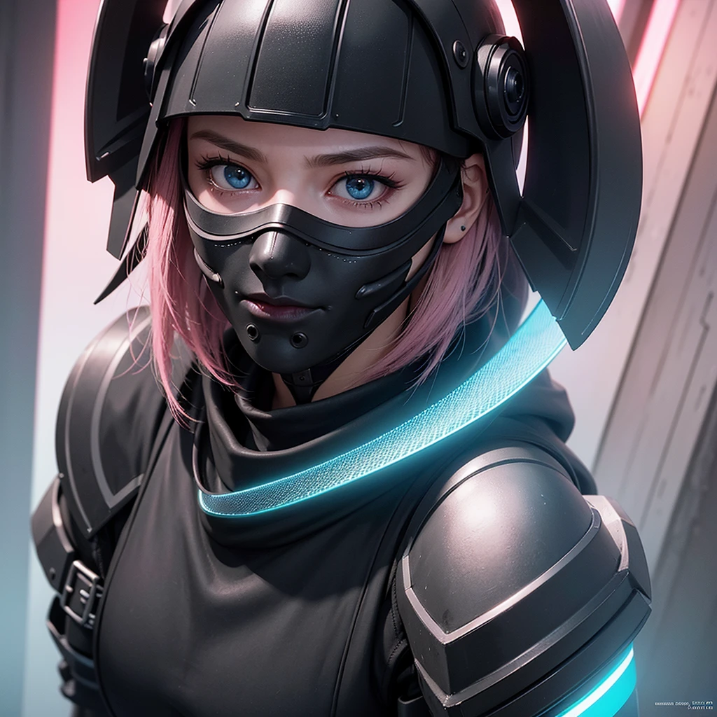 ((best quality)), ((masterpiece)), (detailed:1.4), 3d, Image of a beautiful cyberpunk woman, short pink hair, blue eyes, angry face, (((black masker))), HDR (high dynamic range), ray tracing, NVIDIA RTX, super resolution ,unreal 5, underground spawning, PBR texturing, After treatment, Anisotropic filtering, depth of field, Maximum sharpness and clarity, multilayer texture, albedo and reflection maps, surface shading, Accurate simulation of light-material interactions,perfect proportions,octane rendering,two tone lighting,wide aperture,low iso,white balance,rule of thirds,8K RAW,