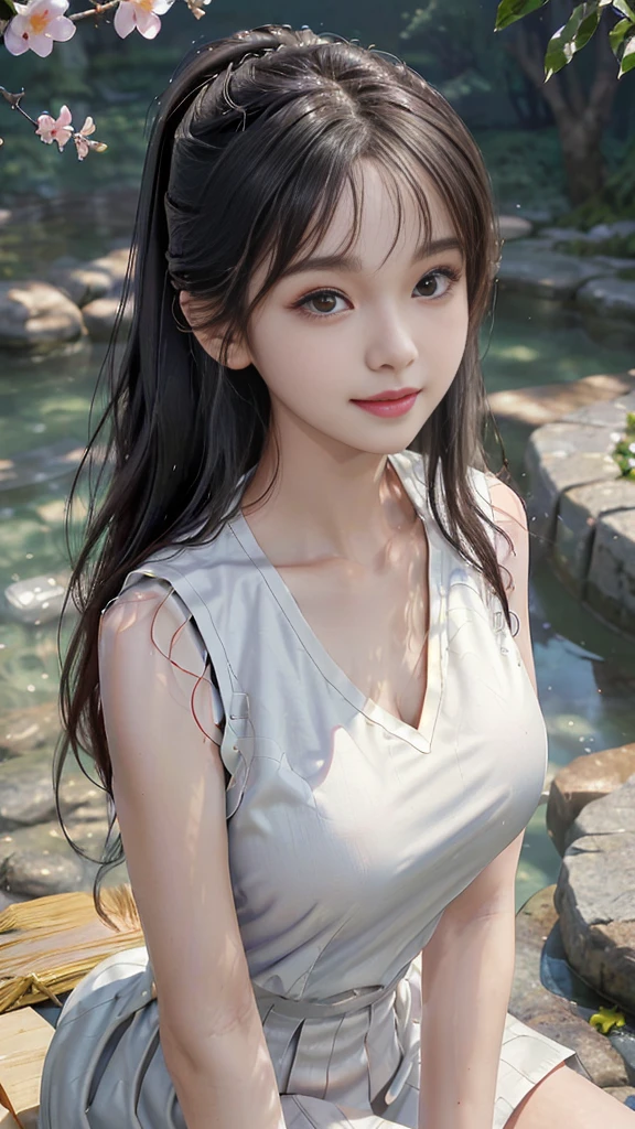 、Fashionable beautiful woman、Gentle and charming Chinese beauty、Korean、(Korean Idol)、Exquisite and sexy clavicle、Charming oval face、Double eyelids、Bright peach blossom eyes、Pink lips、a small nose、Bare shoulders、Close-up of face、(Extremely high definition、Super detailed)、白色露肩蕾丝shirt、((White lace)、fresh and impressive、 Nature、(Open your legs)、(from a low angle)、(shiny skin)、Perfect body、Areola、cleavage、armpit wrinkles、(((Template、best quality、Highly accurate))、1 girl、(Big 、Photo-realistic:1.4)、(((slightly higher than the camera、Looking up at the camera、Look up、Looking up at the camera、 Staring at the camera)))、solo、、shut your mouth、happy smiley face、Beautiful black hair、Single ponytail、big eyes、Obvious double eyelids、eyelash、Stretch out your ears、Long Neck、Long Neck、Absolute area、((Close-up of face、Bangs))、19 years old、attractive proportions、shiny skin、Clean collarbone、Golden ratio face、perfect face、Tear moles、 moles on breast、Bangs、干净的Bangs、Beautiful bangs、Lip Gloss、Thin lips、White skin、i took off my clothes、Big breasts、a small face、Staring at the camera slightly upwards、((Smiling at the camera、Very very very very very very、Big breasts))、(((Uniforms、shirt、sleeveless)))