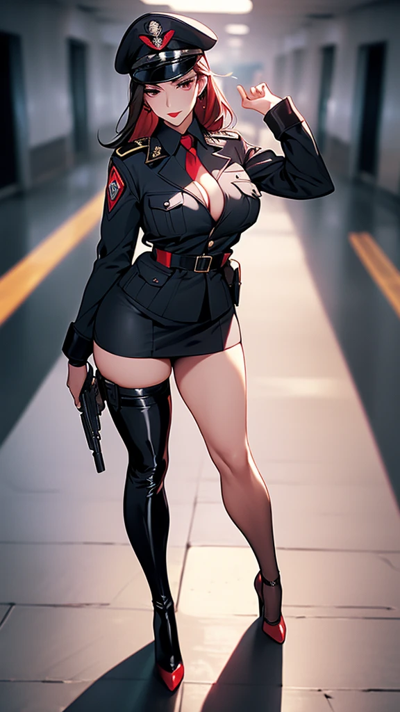 Mature Woman,(uniform,Tight Skirt, High heels,stockings,Uniform cap)((Female Officer、female soldier、female cadres、NCO、assassin)),、((A seductive smile)), (From above:1.1), blush, eyelash, Beautiful Eyes, belly button, Fishnet Focus),Mole on chest, Perfect body, Thick thighs, Wide Hips, Seductive Woman, Red lips, Shadow, Villainess,latex,Holster on thigh, Concealed gun in thigh,,There is cleavage in the chest,Spread your legs and seduce、Open your legs、background：Inside the base,Nice hands, Perfect hands,( Detailed Description, High resolution，8k wallpaper，masterpiece，Highest quality,Depth of region,Anatomically accurate depiction)