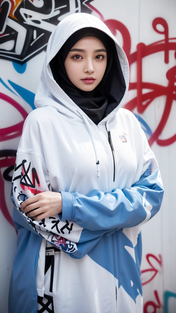 ,1girl, solo, pretty face, eyelashes, nose, glossy lips, (detailed eyes, looking at viewer, fair skin, white skin: 1.5), smooth skin, wearing hijab, 8k portrait of beauty in hijab, intricate, graceful, highly detailed, majestic, digital photography, hyper realistic, Masterpiece, Best Quality, All parts of the body except the face and hands are covered with clothing, Tudung, ((do not let the hair come out of the hijab)), full hijab, ((all parts of the body covered by clothes except the face)), Best Quality, (graffiti:1.5), paint splatter, hoodie, On wall, paint can, looking at viewer, head slanted, clothing color (Wear a cyberpunk hooded military uniform), cyberpunk city