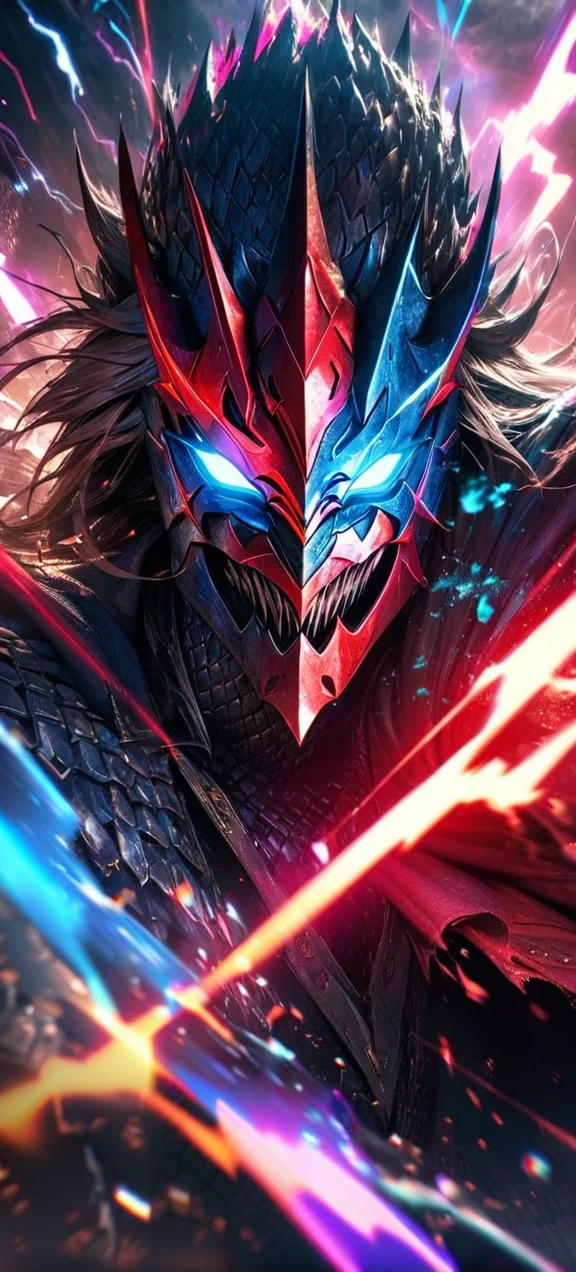  High quality, ultra realistic,absurdres, highres, ultra detailed, HDR, masterpiece, extremely detailed face and eyes,  dragon knight , solo, ,man, handsome, ,dragon knight mask , Epic fight scene, colorful splashing effect, colorful lightning  effect,glowing glitters , 
