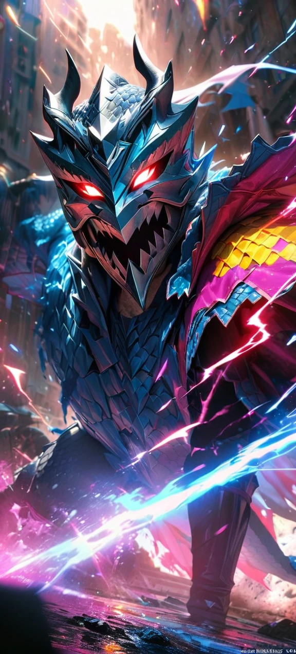 High quality, ultra realistic,absurdres, highres, ultra detailed, HDR, masterpiece, extremely detailed face and eyes, dragon knight , solo, ,man, handsome, ,dragon knight mask , Epic fight scene, colorful splashing effect, colorful lightning effect,glowing glitters ,