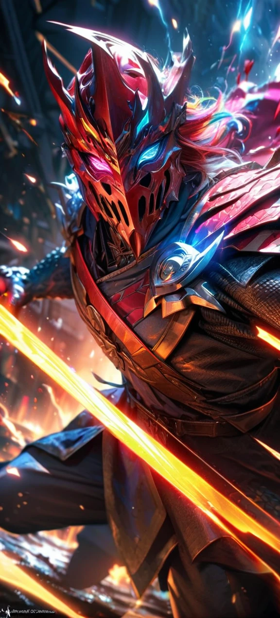  High quality, ultra realistic,absurdres, highres, ultra detailed, HDR, masterpiece, extremely detailed face and eyes,  dragon knight , solo, ,man, handsome, ,dragon knight mask , Epic fight scene, colorful splashing effect, colorful lightning  effect,glowing glitters , 