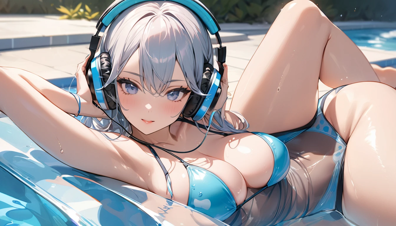 ((Top Quality)), ((Masterpiece)), ((Detail)), Perfect face, Perfact bodty, sitting on the swmming pool, listening to music, wearing headphones, wearing swimsuits, swimsuits are transparent, legs open Sitting wide open, wearing tight clothing (yes, buttocks and breasts are exposed). I see a face, one women