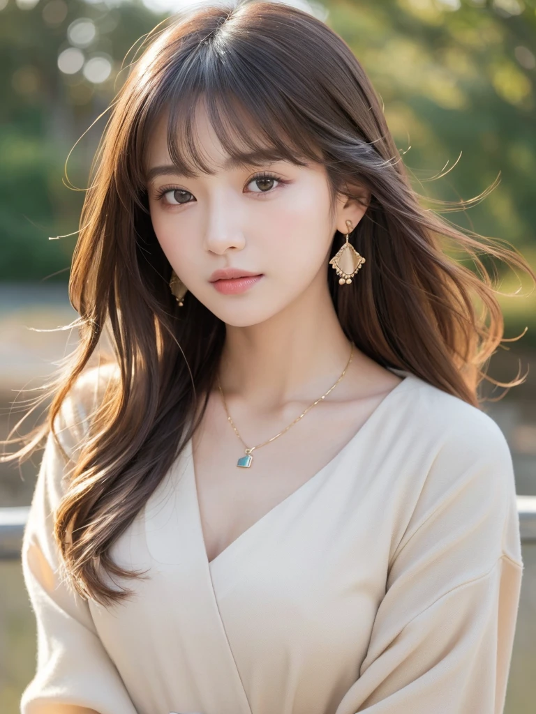  ((Highest quality, 8K, masterpiece:1.3)), concentrate: 1.2, Perfect body beauty: 1.4, Hips: 1.2, ((Long Hair, chest: 1.2)), (Dry clothes: 1.1) , (clear, Simple Background:1.3), Simple clothes: 1.1, Highly detailed face and skin texture,Delicate eyes, double eyelid, Whitened skin, Rough skin、Long Hair、Earrings with bangs、necklace、 solo、Beige coat、White shirt,  (((Beautiful girl with cute Japan)))、  ((Beautiful Japanese girl 20 years old))、 ((Baby Face))、 (((Slender body)))、  Upper Body，Face focus、necklace，Simple Background，From above， Realistic Hair、 A photograph was taken:Canon EOS R6、135mm、1/1250 seconds、f2.8、ISO400、(Detailed explanation of the hand)、(Masseter muscle area)、(Exquisite CG)、Long Hair, loose and curly hair、Korean Hair、Long Hair明るいベージュ色、グラデーションハイライトグレージュのゆるふわLong Hairスタイル、