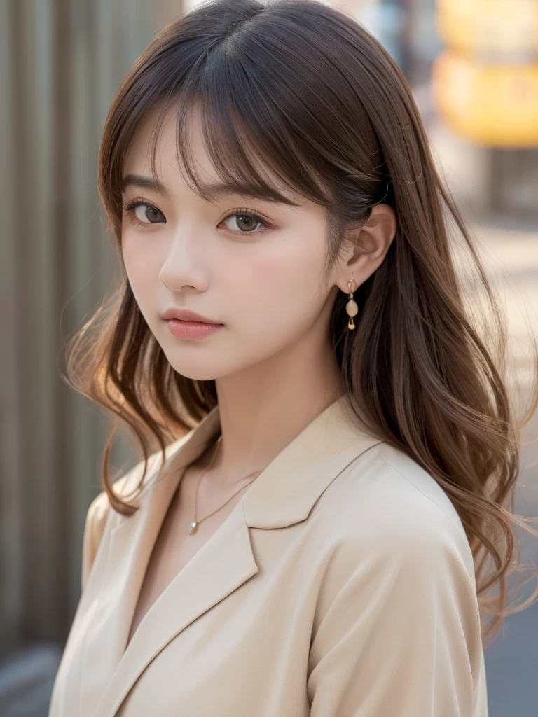 ((Highest quality, 8K, masterpiece:1.3)), concentrate: 1.2, Perfect body beauty: 1.4, Hips: 1.2, ((Long Hair, chest: 1.2)), (Dry clothes: 1.1) , (clear, Simple Background:1.3), Simple clothes: 1.1, Highly detailed face and skin texture,Delicate eyes, double eyelid, Whitened skin, Rough skin、Long Hair、Earrings with bangs、necklace、 solo、Beige coat、White shirt,  (((Beautiful girl with cute Japan)))、  ((Beautiful Japanese girl 20 years old))、 ((Baby Face))、 (((Slender body)))、  Upper Body，Face focus、necklace，Simple Background，From above， Realistic Hair、 A photograph was taken:Canon EOS R6、135mm、1/1250 seconds、f2.8、ISO400、(Detailed explanation of the hand)、(Masseter muscle area)、(Exquisite CG)、Long Hair, loose and curly hair、Korean Hair、Long Hair明るいベージュ色、グラデーションハイライトグレージュのゆるふわLong Hairスタイル、