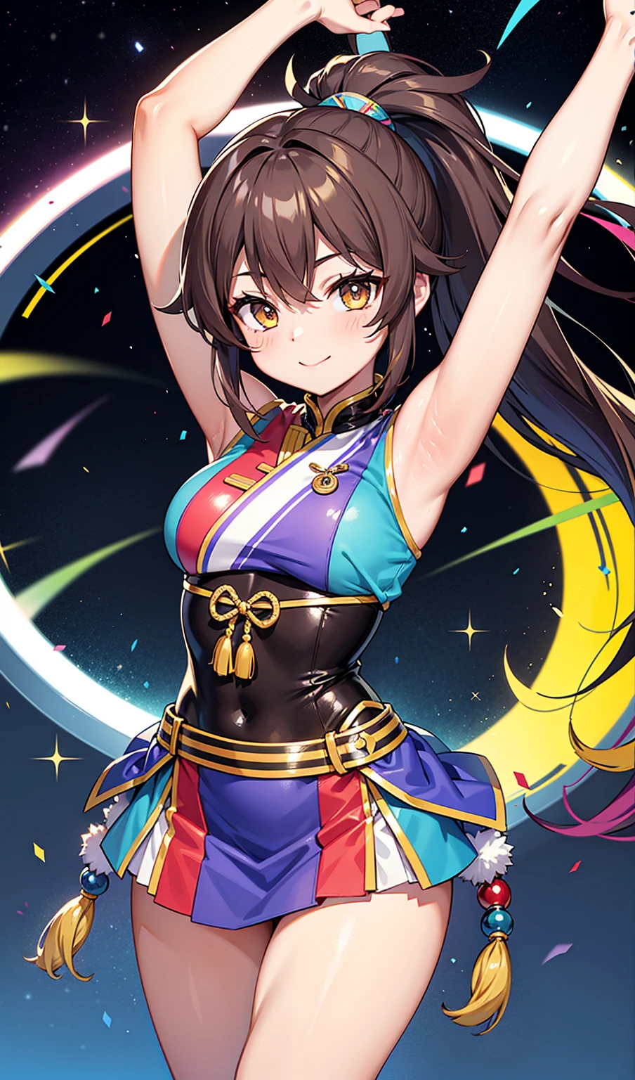 Human Woman。smile、Colorfully lit subspace、Dark brown ponytail、Amazoness、Uplifting、Slightly open legs、Colorful clothing