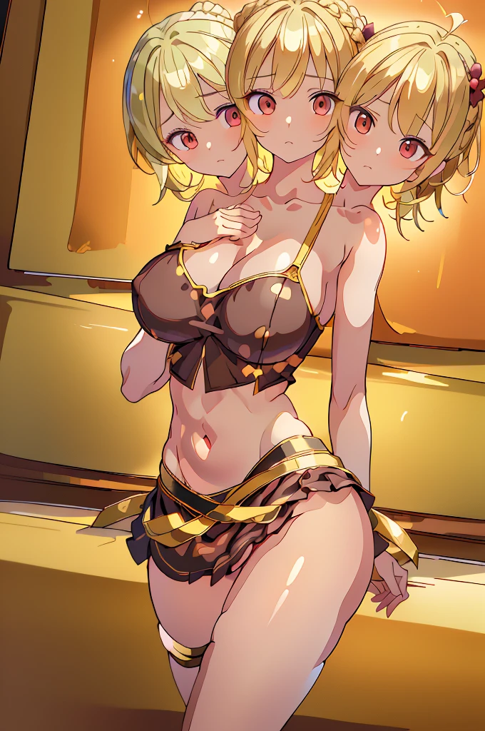 (masterpiece, best quality), best quality, (ultra-detailed), (3heads:1.5), 1girl, (yamame kurodani:1.3), masterpiece, best quality, ultra quality, ultra resolution, ultra detail, black and brown top, crop top, ((stomach)), midriff, ((groin)), brownish-black skirt, normal ears, shackles, blonde hair, very long hair, wavy hair, tied to a bun, brown eyes, very detailed eyes, parted lips, blonde, sweat, cute, toned belly, hand on own chest, eyelashes, (24 year old woman:1.3), (masterpiece:1.5), (best quality:1.5), (beautiful detailed), extremely detailed CG, extremely delicate and beautiful, depth of field, (finely detailed face), (perfect details:1.3), (mature female:1.3), wide pelvis, slender, large veiny breast, 16k resolution, highres, high quality, high definition, extremely detailed, masterpiece, blonde hair, long hair, alluring presence, braid, short skirt, close up, very big tits, huge tits, young, blonde,