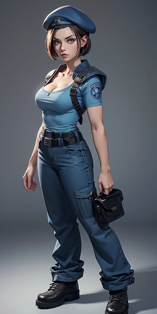Jill Valentine, masterpiece, best quality, 1girl, solo, standing, jillre1, beret, uniform, shoulder pads, short sleeves, harness, belt, bell-bottom blue pants(Wide flares on pants:1.2), cleavage, black combat boots, full body, perfect blue eyes, perfect red mouth,