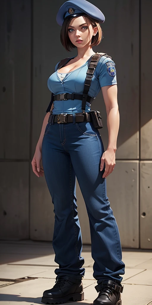 Jill Valentine, masterpiece, best quality, 1girl, solo, standing, jillre1, beret, uniform, shoulder pads, short sleeves, harness, belt, bell-bottom blue pants(Wide flares on pants:1.2), cleavage, black combat boots, full body, perfect blue eyes, perfect red mouth,
