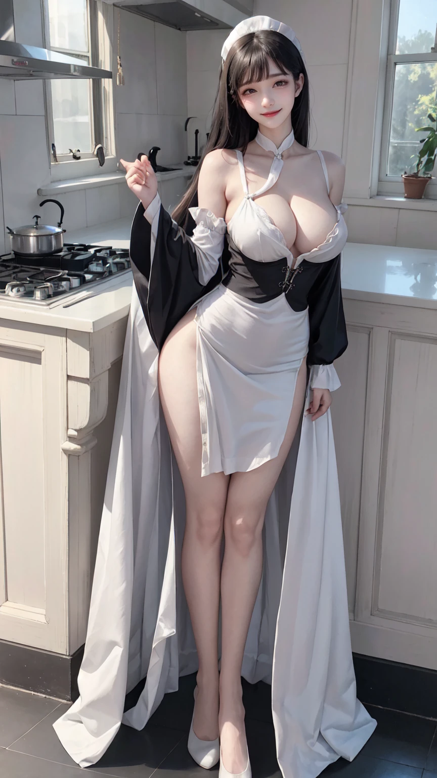 see through clothes(Full body female love:1.3),best quality, masterpiece, ultra high resolution, (lifelike:1.4), original photo, 2 female,25 years old, black hair, big eyes, Detailed eyes and face,huge breasts,split,long legs,Belted robe open ,bare shoulder,no underwear:1.5,see through clothes,Hollow material white clothes,kitchen:1.3,Smile、sleeveless costume、((Maid clothes))、Extremely revealing clothingHuge breasts and ass on a thin body、Introducing our 10-year-old daughter in matching uniforms