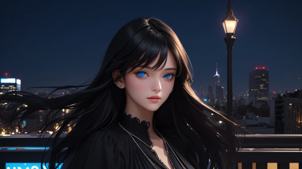 ultra-detailed, beautiful eyes, detailed eyes, detailed face, ultra-detailed, beautiful eyes, Black medium hair, high angle shot, A woman with beautiful blue eyes, looking at the city nightscape on a lonely night, profile, black casual loose-fitting dress, fantastic lights of buildings and buildings, loose-fitting clothes, Composition like a scene from a movie, master piece, best quality, high resolution, 16k