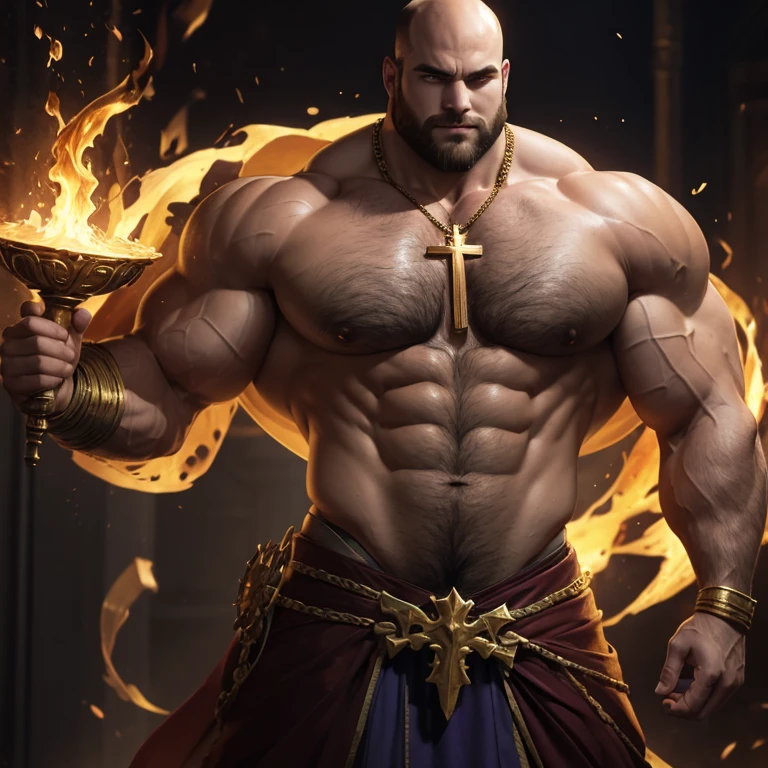 Thick Gold Cross on a necklace. An arcane mage swirls fire and water around himself. He is an absolute muscle monster, with impossibly broad, well toned shoulders and a V shaped body with narrow waist. His shoulders are three times wider than his waist. Bare-chested, he is hairy chested, balding, with stubble