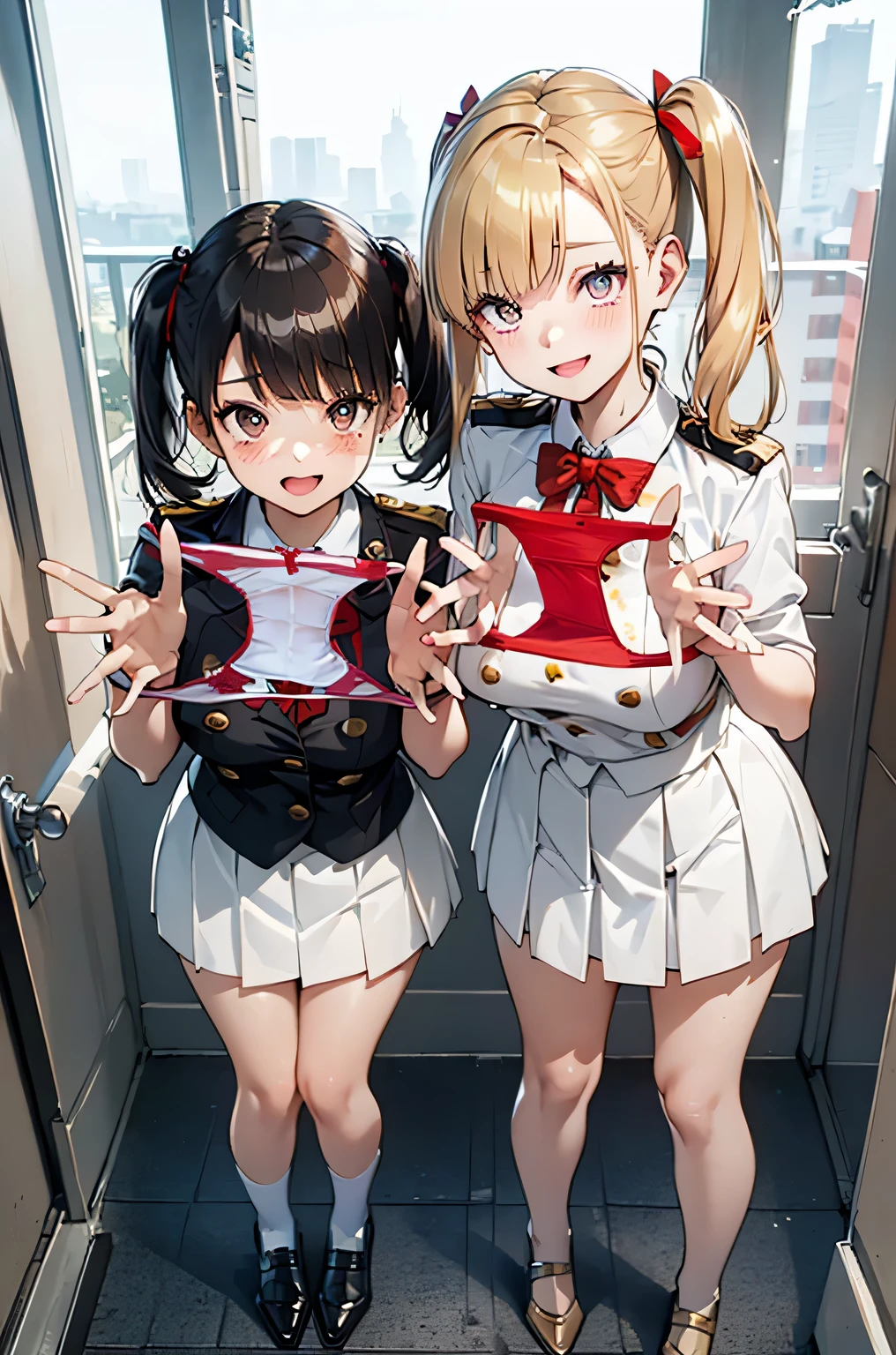 (masterpiece:1.3, Highest quality, Ultra-high resolution, Very detailed), (Realistic, photoRealistic:1.4), Beautiful illustrations, Perfect lighting, Natural light, colorful, Written boundary depth, Surrealism,
Beautiful detailsまでこだわった髪, Beautifully detailed face, Beautiful details, Beautiful clavicle, Beautiful body, Beautiful breasts, Beautiful thighs, Beautiful legs, Beautiful fingers, Shiny skin, ,
Show Viewer, 1 Girl, 10 years hool girl, (Perfect Anatomy, Anatomically correct, Very detailed肌), Cute and symmetrical face, Perfect Face, Perfect Eyes, Perfect Fingers, ((Five Fingers)),
(Medium Hair, Twin tails, blonde), Swept-apart bangs, Purple eyes, Long eyelashes, (Large Breasts:1.2, Captivating thighs), thin, outAre standing style,
((Detailed cloth texture, break,break, White uniform shirt, break,break, White mini skirt, break,break, Red bow tie), socks, Black Loafers), Uniforms Revealed
(Beautiful views), (School classroom), (Are standing, Leaning forward), (Heart-shaped pupils, :3, Excited, Ahegao, orgasm, hyperthermia, Mischievous face, Captivating smile, Small with open mouth),
Pay attention to the panties, Panties as a gift, (White panties with red ribbon:1.2), (((Pee stained panties:1.5))), (Yellow dirty panties:1.2), Holding, (Holding panties), No pants,
