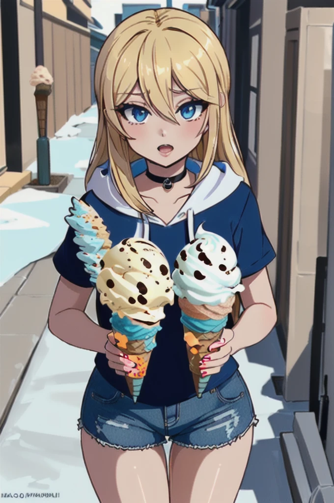 nsfw, (Fine grain:1.3), Beautiful lighting, (One girl:blue eyes, Blonde, Ridiculously long hair, (Hair between the eyes:1.1)), (Real Skin), (Outdoor, alley:1.3), 
hoodie, Black Choker, Short sleeve, Dolphin Shorts, 
 (Ice Cream Machine:1.3), (Shop assistant&#39;s hand holding ice cream:1.3), Ocean park, (AS-Young V2:1.3),