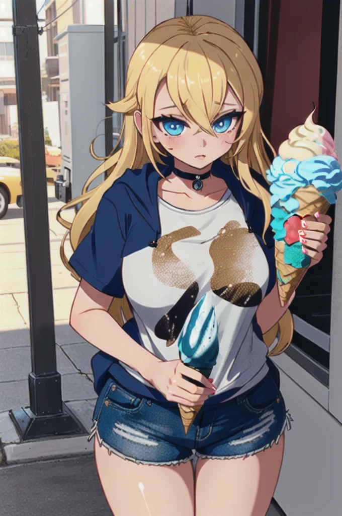 nsfw, (Fine grain:1.3), Beautiful lighting, (One girl:blue eyes, Blonde, Ridiculously long hair, (Hair between the eyes:1.1)), (Real Skin), (Outdoor, alley:1.3), 
hoodie, Black Choker, Short sleeve, Dolphin Shorts, 
 (Ice Cream Machine:1.3), (Shop assistant&#39;s hand holding ice cream:1.3), Ocean park, (AS-Young V2:1.3),