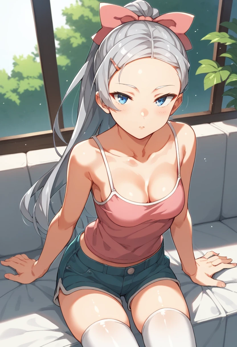 akushizu_style, blue eyes, hairclip, Expressiveh, 1girl, solo, long hair, high ponytail, breasts, pink camisole, silver hair, forehead, short shorts, thighhighs, cleavage, small breasts, hair bow,  score_9, score_8_up, score_7_up