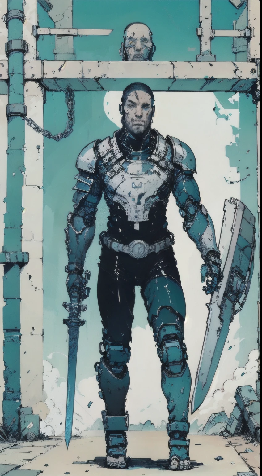 1man, giant brutish man, perfect proportions, anatomically correct, (head to toe: 2.0), (full body image: 2.0), solo, extremely stylized, masterpiece, highly detailed, detailed eyes, expressive detailed eyes, detailed pupils, futuristic, ((wearing medieval armor )), ((holding a sword and shield)), (cybernetic arms:1.4), big boots, entire body image, full body shot, large beads, (large tassels), inkpunk, paint platter, ink splatter, (action pose:1.0), ((chainmail shirt)), old warrior, long beard, ((armor shoulders))