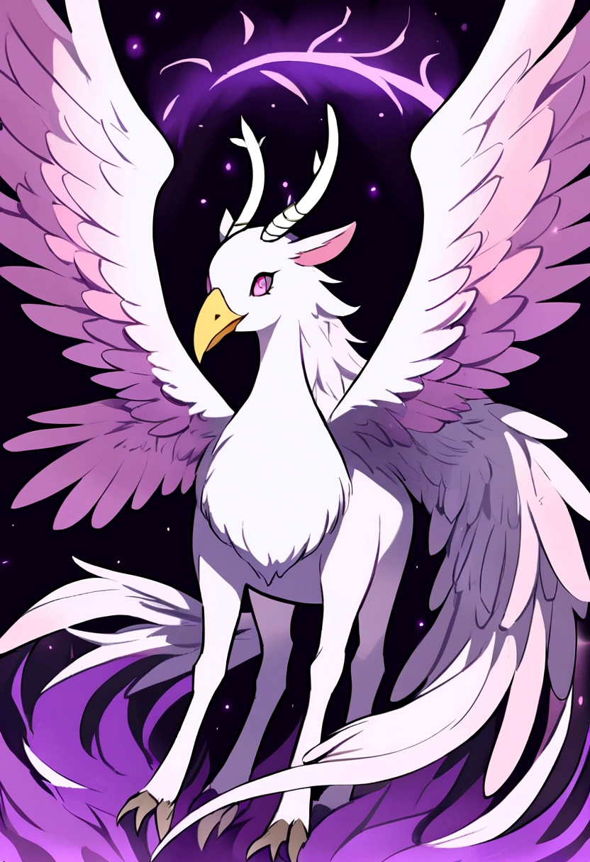 The pigeon that like a wolf and a goat , wings , beak , white pink purple soft feather , 4 legs , ears , horn , dark purple aura , white pink eyes