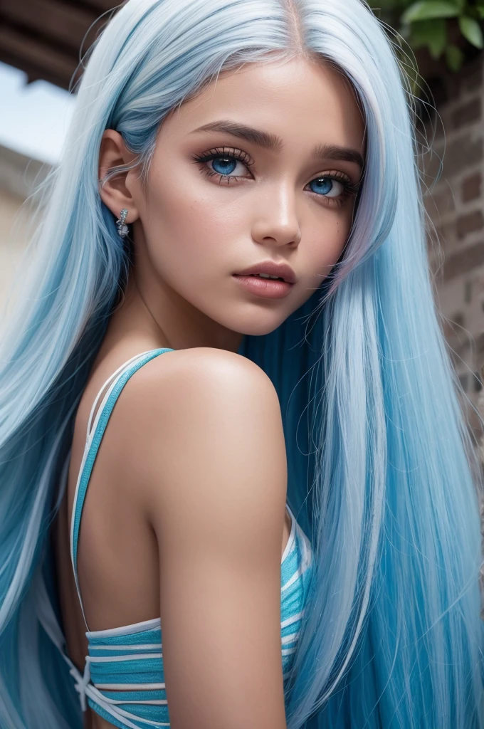 1 girl, 25 years old, multi-colored hair, long hair, blue eyes, (detailed eyes), (beautiful detailed face:1.0), (realistic), single focus, single background, female focus, (masterpiece:1.0), (best quality:1.0), (8k wallpaper:1.0), perfect nose, no bra, perfect body, big breasts, prominent collarbone,