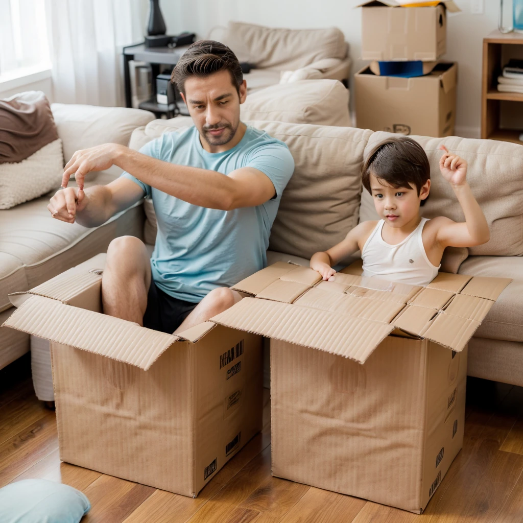 In the bright living room, father and son are playing roller coaster in a makeshift cardboard box 