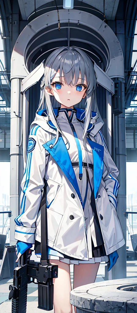 Girl,Gray Hair,Blue Eyes。Carrying two long columns,White jacket on upper body,Blue miniskirt,Technology,flat chest,Holding a gun,Airplane anthropomorphism。