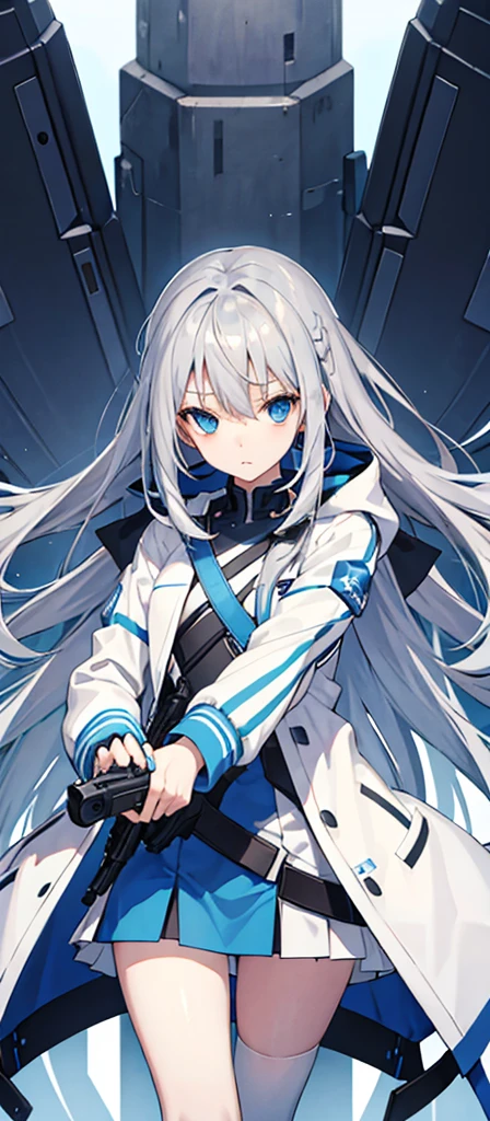 Girl，Gray Hair，Blue Eyes。Carrying two long columns，White jacket on upper body，Blue miniskirt，Technology，flat chest，Holding a gun，Airplane anthropomorphism。