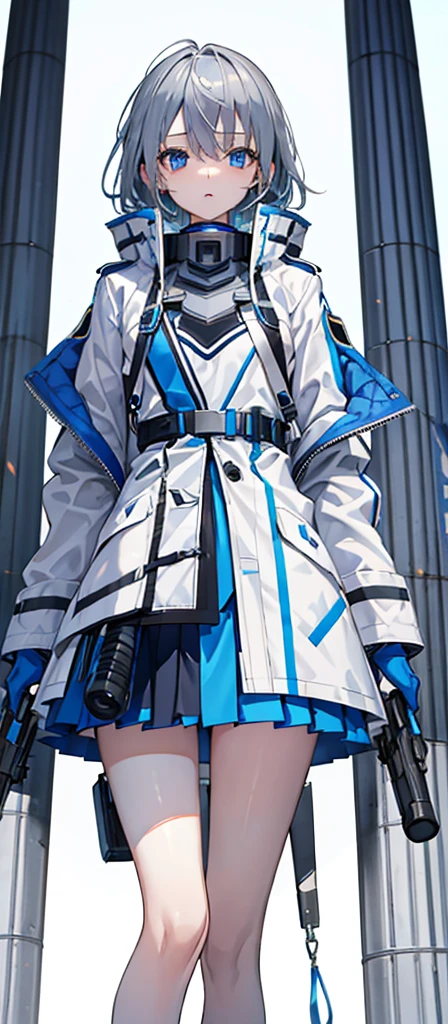 Girl,Gray Hair,Blue Eyes。Carrying two long columns,White jacket on upper body,Blue miniskirt,Technology,flat chest,Holding a gun,Airplane anthropomorphism。