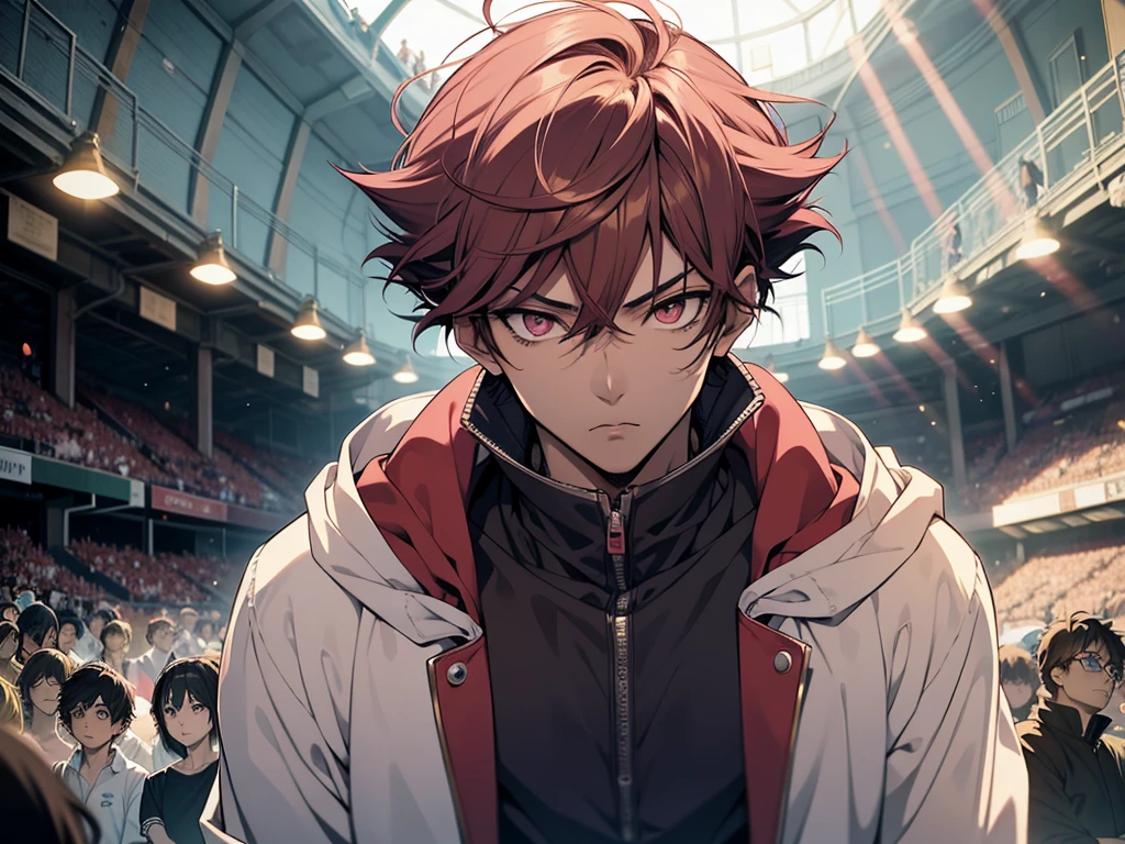 a boy , Face Focus, Single character, Tall anime man，With deep pink eyes, Cool anime poses, Anime Illustrations, Kentaro Miura style, Kentaro Miura's artistic style, Young anime man, Inspired by Okumura Tougyu, He was nearby, Anime handsome man,  Looking at the audience, high resolution, Super sharp, 8K, masterpiece