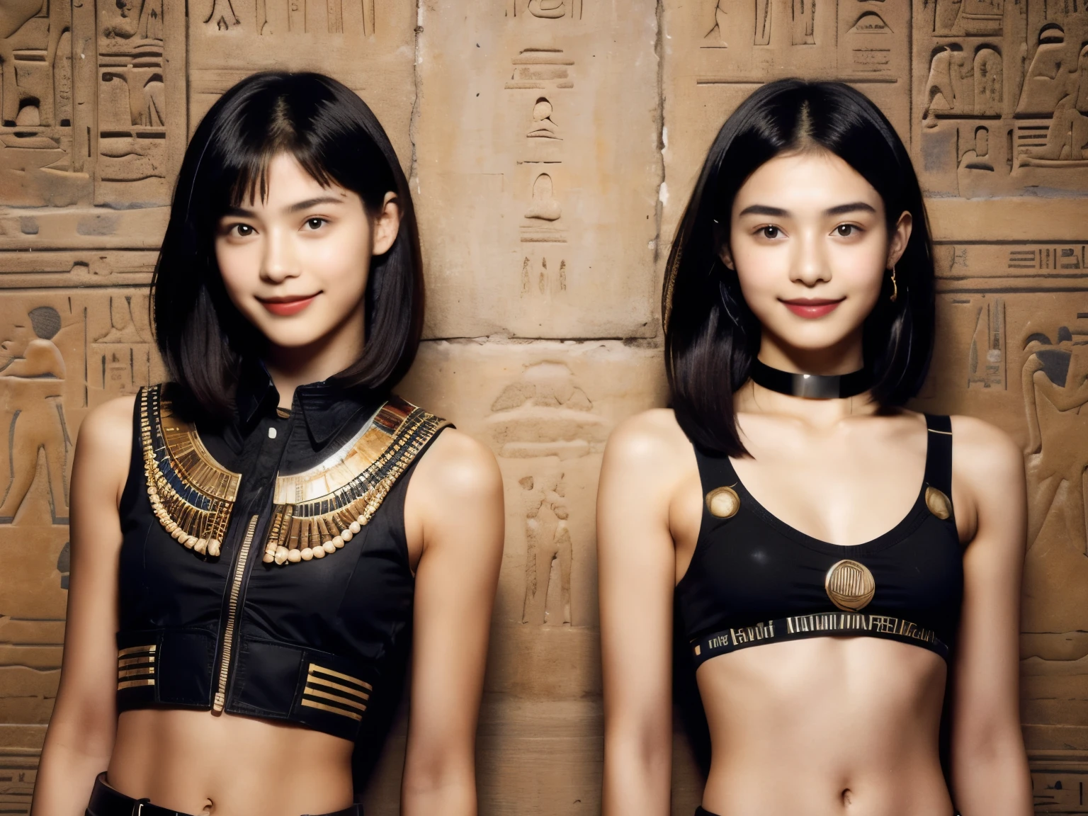 244 (An 18-year-old female and an 18-year-old male), short hair,kind, lipstick, Egyptian civilization, Waist belt, Hieroglyphics, smile