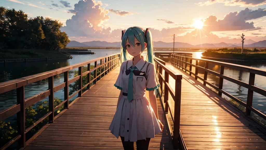 Hatsune Miku standing on a wooden bridge illuminated by the setting sun。She stared into the distance、I&#39;m reminiscing on fond memories。Surrounded by a quiet lake、Her hair is blowing in the wind。This scene is、It has a calm and emotive atmosphere that connects the past and the present.。