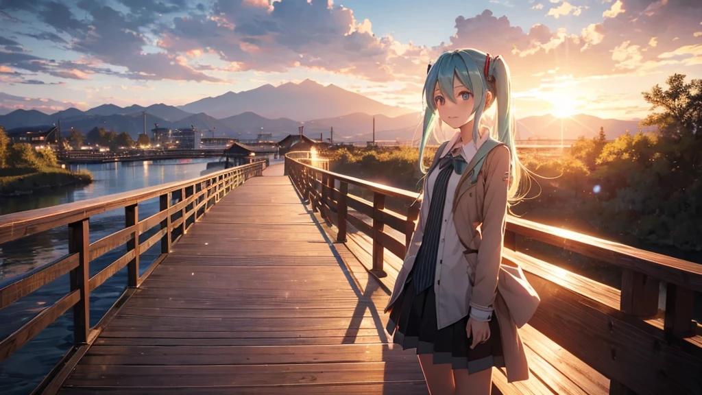 Hatsune Miku standing on a wooden bridge illuminated by the setting sun。She stared into the distance、I'm reminiscing on fond memories。Surrounded by a quiet lake、Her hair is blowing in the wind。This scene is、It has a calm and emotive atmosphere that connects the past and the present.。