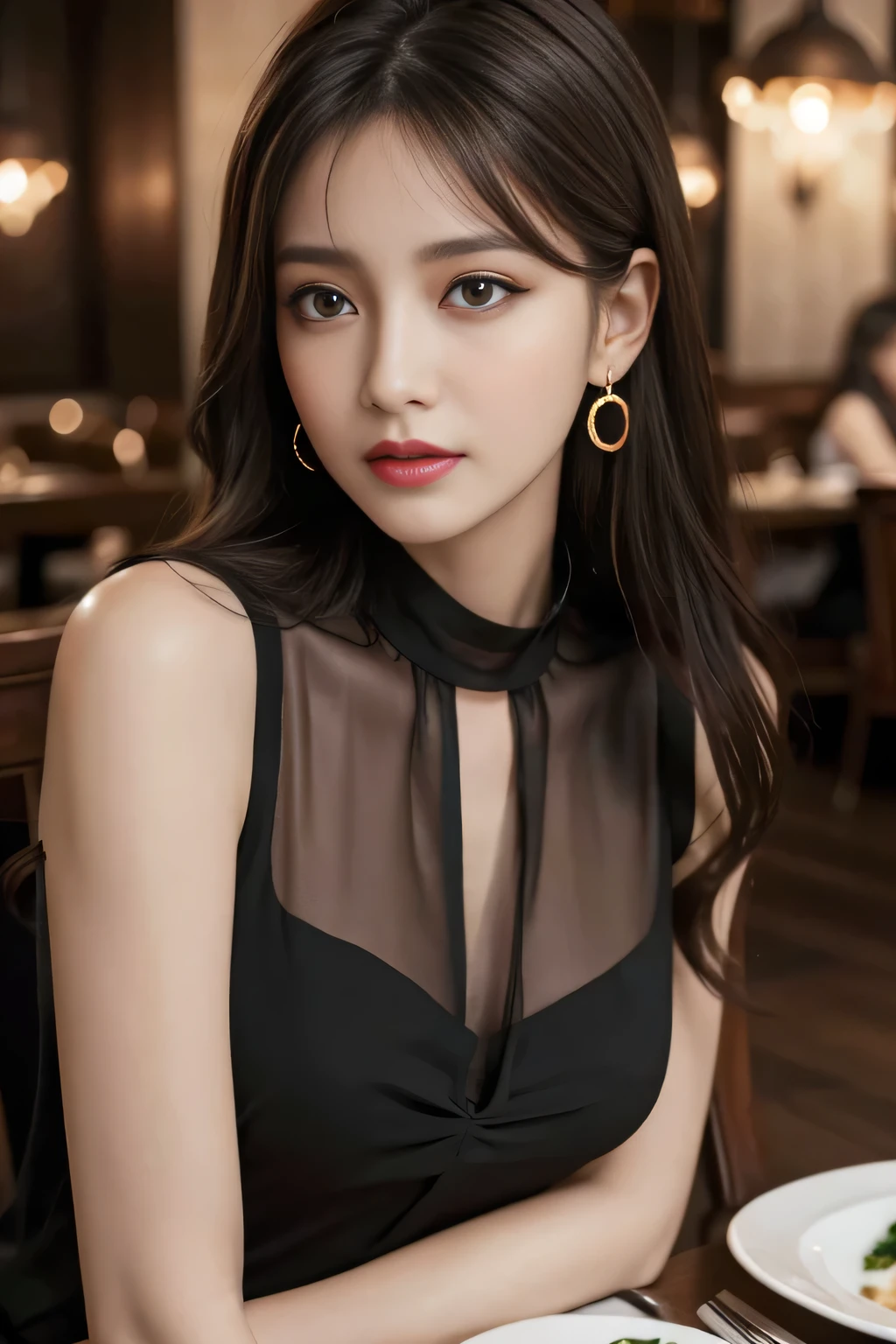 do, Highest quality, Realistic, Very detailed, Finer details, High resolution, 8k wallpaper, One beautiful woman,Wear an elegant black see-through blouse, In a great restaurant, At night, Light brown messy hair, Perfect dynamic composition, Beautiful and beautiful eyes、Big earrings、Sit on a chair、Sleeveless shirt、