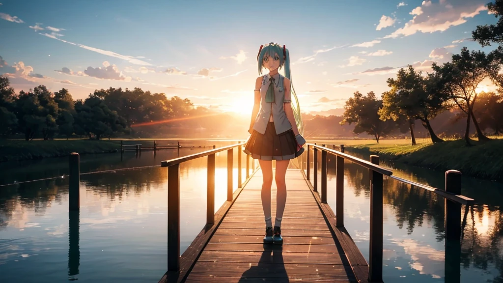 Hatsune Miku standing on a wooden bridge illuminated by the setting sun。She stared into the distance、I'm reminiscing on fond memories。Surrounded by a quiet lake、Her hair is blowing in the wind。This scene is、It has a calm and emotive atmosphere that connects the past and the present.。